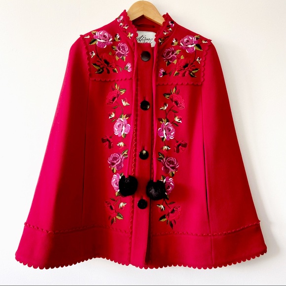 Kate Spade Mari Blend Wool Blend Cape. Charm Red. Size S/M. Rose embroidered.